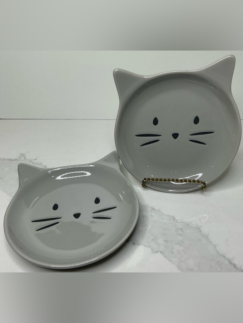 2 Signature Ceramic Bowl Cat Face Shaped Trinket Dish Gray New